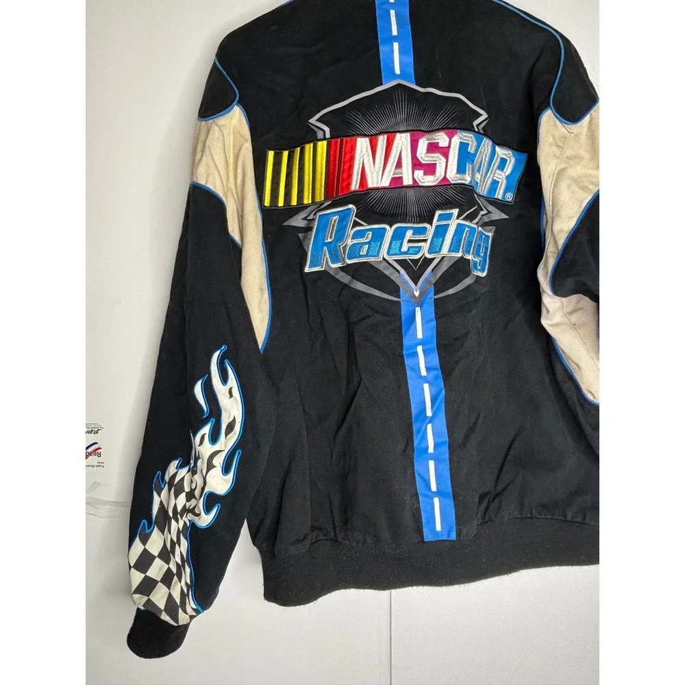 JH Design NASCAR Racing Jacket Mens XL Black Cotton Twill Embroidered Bomber Y2K